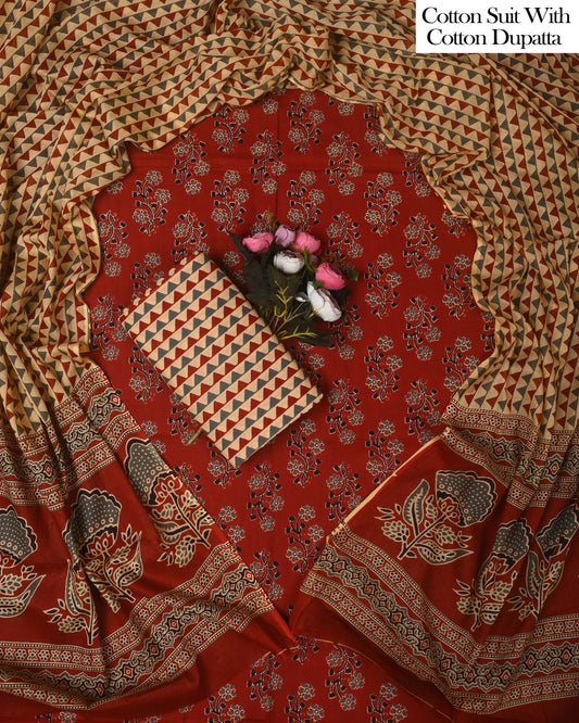 Exclusive Hand Block Cotton Suit With Cotton Dupatta(BFCOT196)