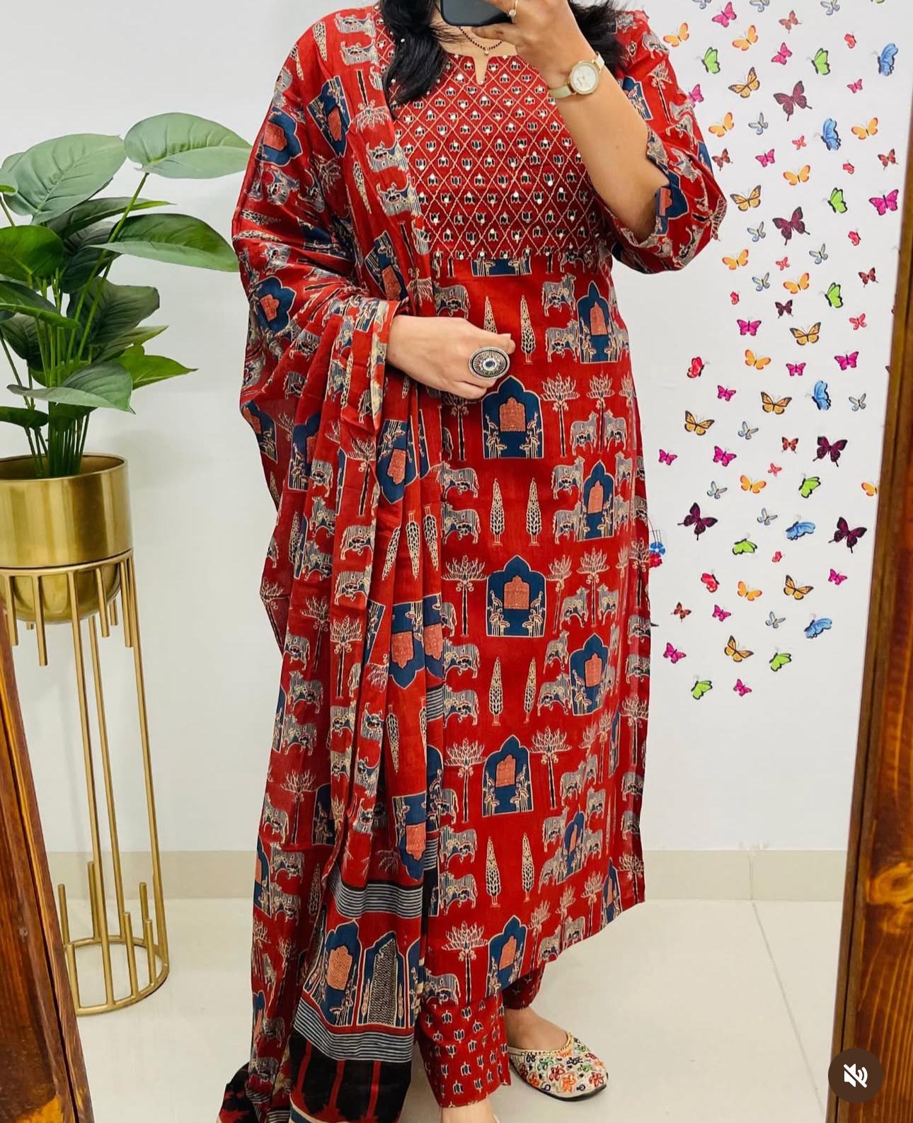 *New Launch*

*Mark a change in your wardrobe by wearing our exclusive range of Premium Rayon 3pcs Kurti set With Beautiful katha and hand work on kurti neck and traditional print malmal Fabric Dupatta*