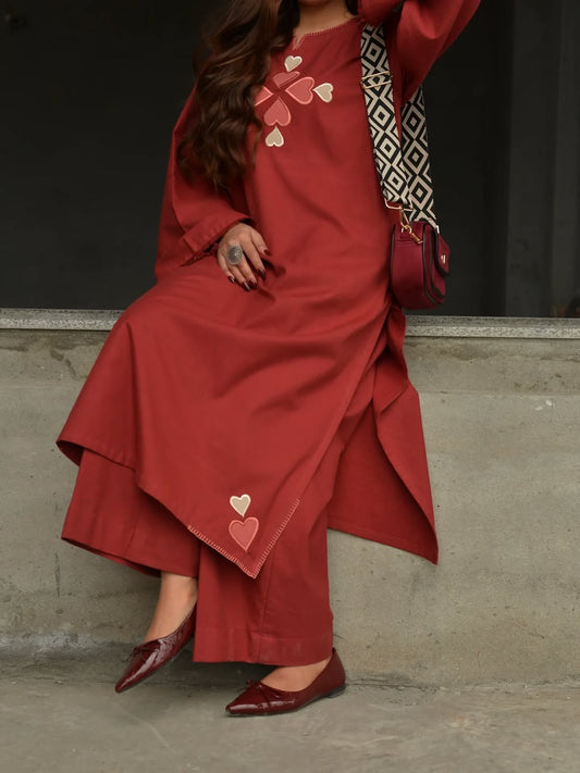 Rust Red Cotton Kurti Pant Set with Heart Embroidery for Women