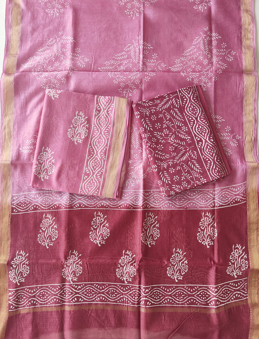 Premium Hand Block Printed Maheshwari Silk Suit(BFMAH97)