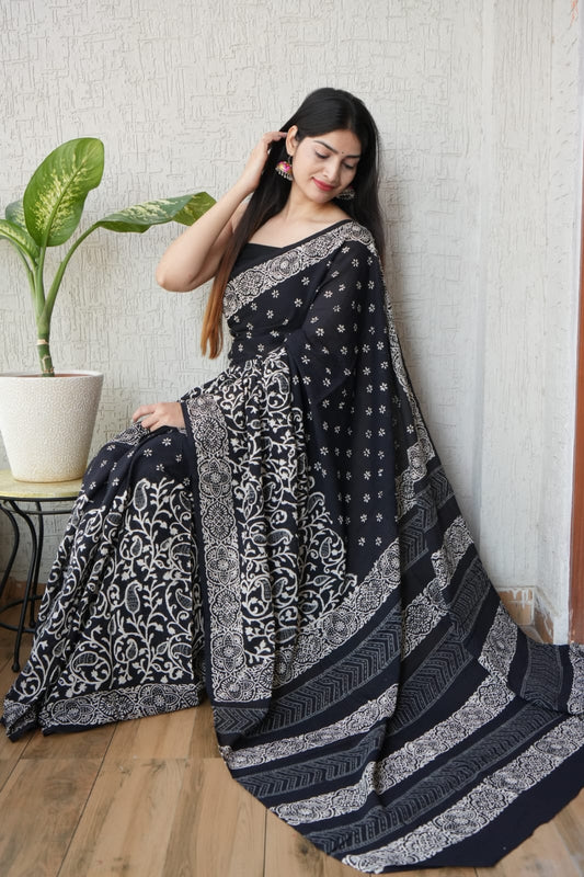Traditional Authentic Hand Block Printed Pure Organic Cotton Sarees With matching Blouse(BFCS09)