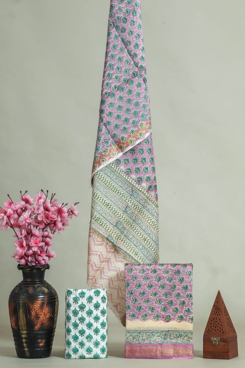 Premium Hand Block Printed Maheshwari Silk Suit (BFMAH03)
