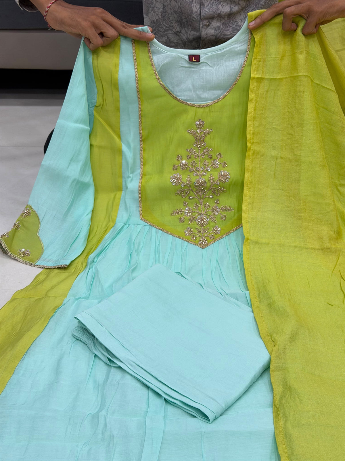 Lime Yellow & Sky Blue Shaded Anarkali Kurta Set for Women