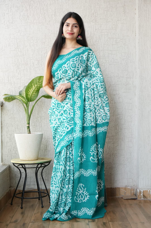 Teal Printed Cotton Saree – Soft Cotton Saree for Women (BSCS39)