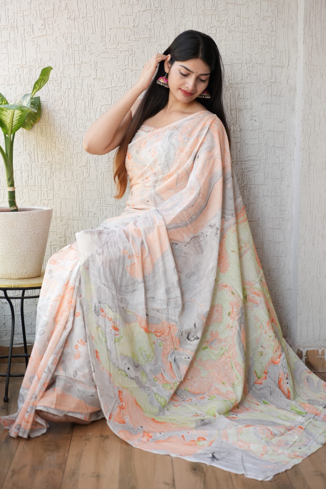 Pastel Marble Printed Cotton Saree – Soft Cotton Saree for Women (BFCS25)