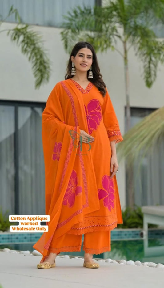 Orange Pure Cotton Printed Kurti Pant Dupatta Set