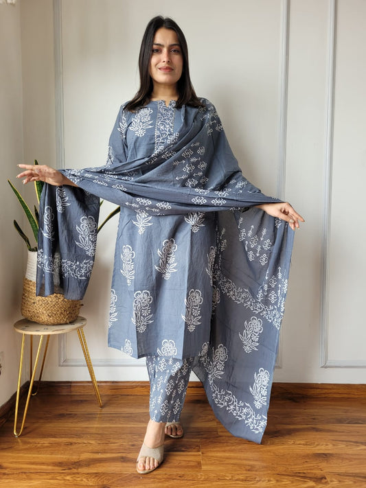 Grey Printed Cotton Suit with Dupatta