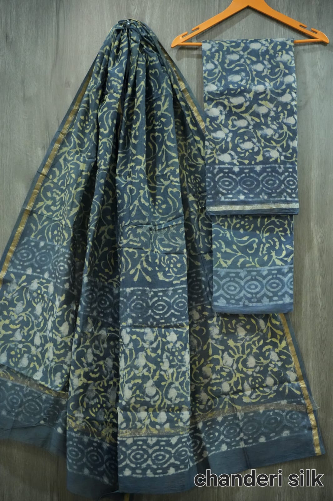 Dark Grey & Olive Dabu Floral Jaal Hand Block Print Chanderi Silk Dress Material (BFCHS26)