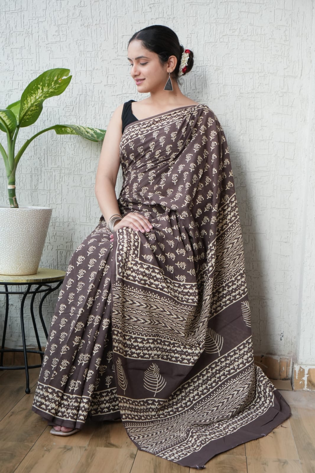 Brown Printed Cotton Saree – Soft Cotton Saree for Women (BFCS45)