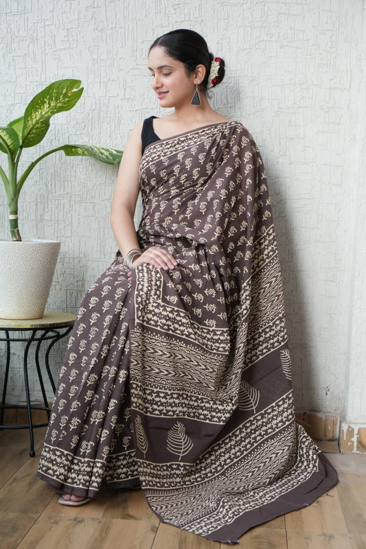 Brown Printed Cotton Saree – Soft Cotton Saree for Women (BFCS45)