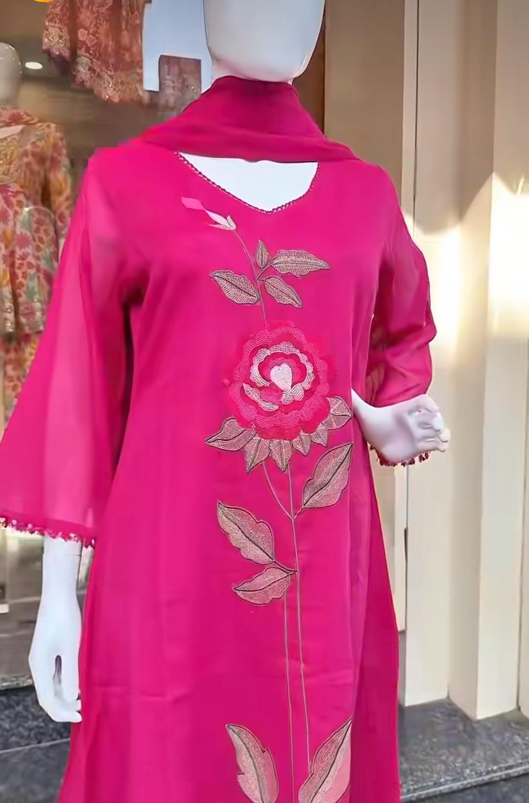 Pink Cotton A-Line Kurti with Rose Embroidery & Mirror Work