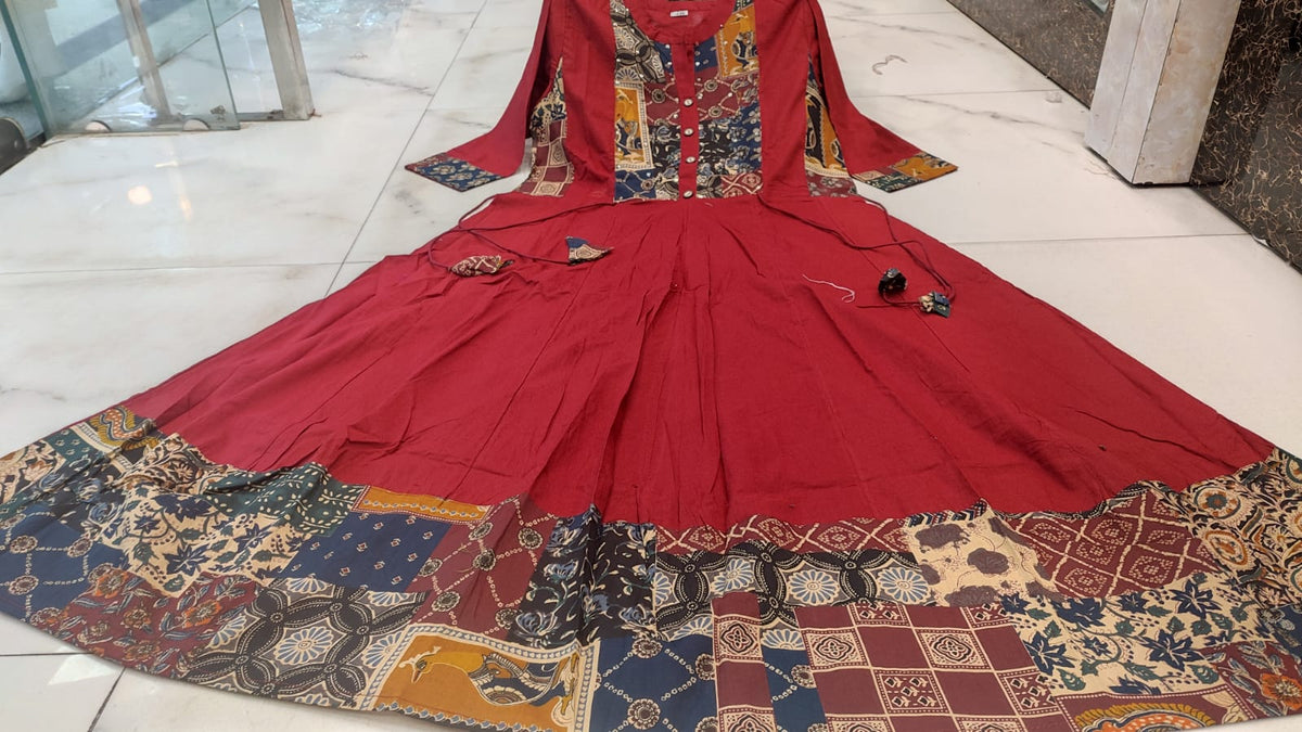 Red Premium Cotton Anarkali Suit for Women | Ajrakh Print Umbrella Flair Kurti with Pant & Dupatta