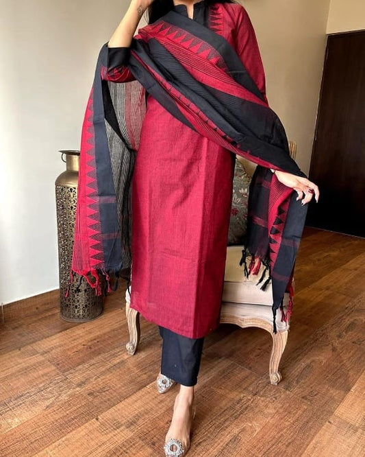 Black Red South Cotton Handloom Kurti Set with Temple Border