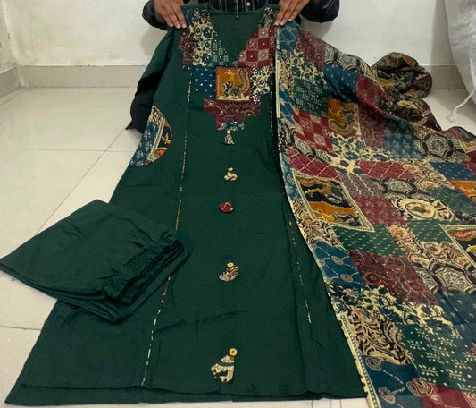 Bottle Green Pure Cotton Suit Set with Kalamkari Dupatta
