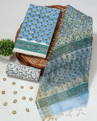 New Floral Hand Block Printed Cotton Suit With Organza Dupatta(BFOR62)