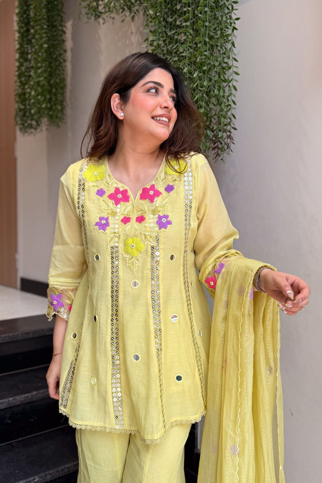 Lime Green Embroidered Cotton Kurti Palazzo Set with Dupatta