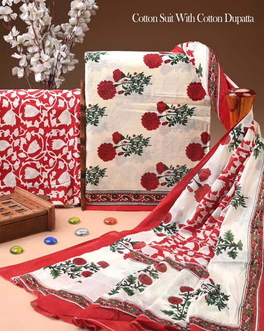Exclusive Hand Block Cotton Suit With Cotton Dupatta(BFCOT137)