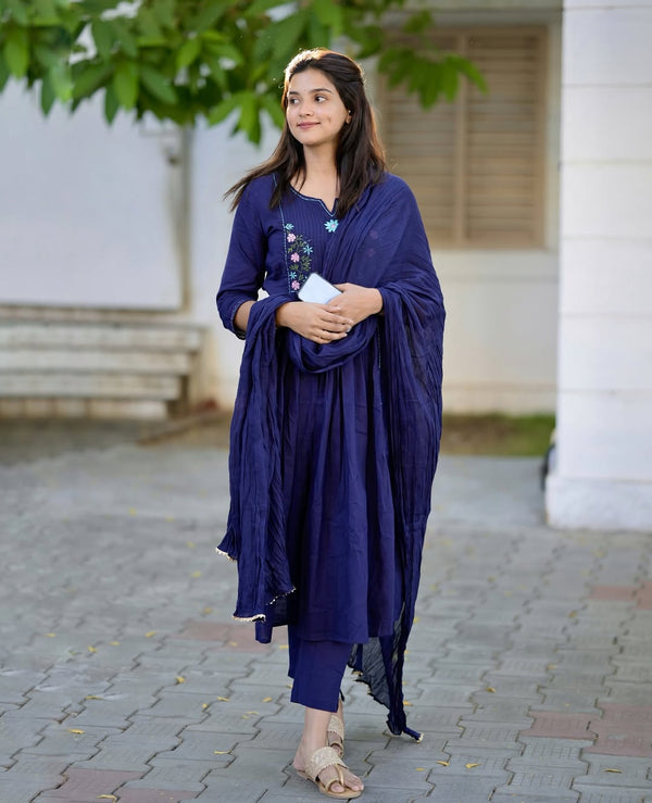 Navy Blue Embroidered Cotton Kurti Pant Dupatta Set for Women