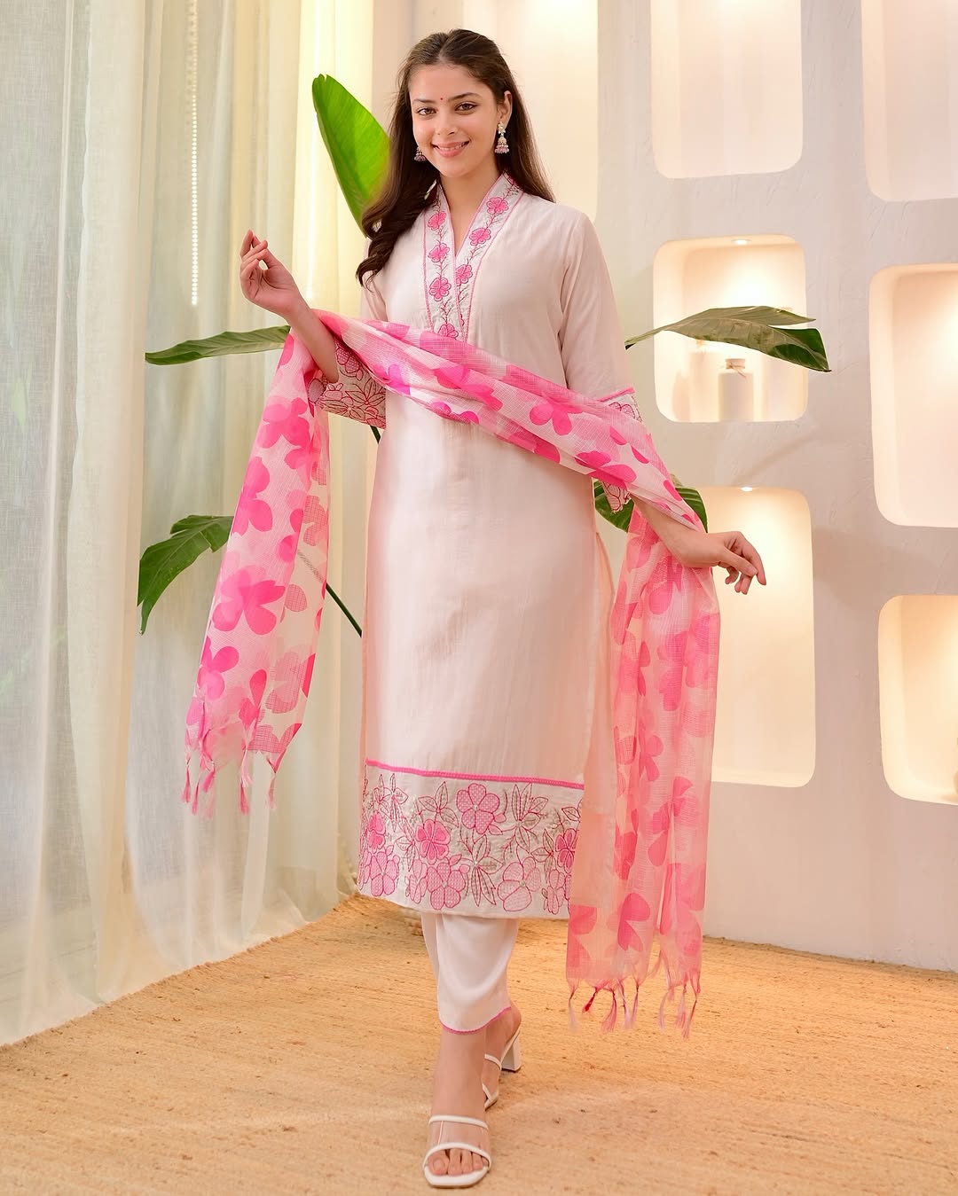 Off White Cotton Kurti Pant Dupatta Set with Pink Floral Embroidery for Women .