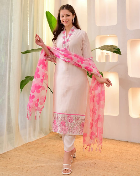 Off White Cotton Kurti Pant Dupatta Set with Pink Floral Embroidery for Women .