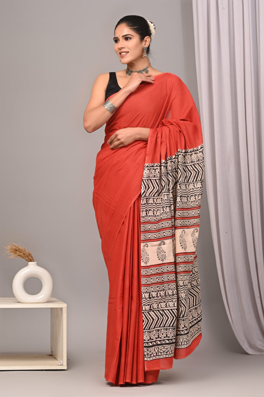 Traditional Authentic Hand Block Printed Pure Organic Cotton Sarees With matching Blouse