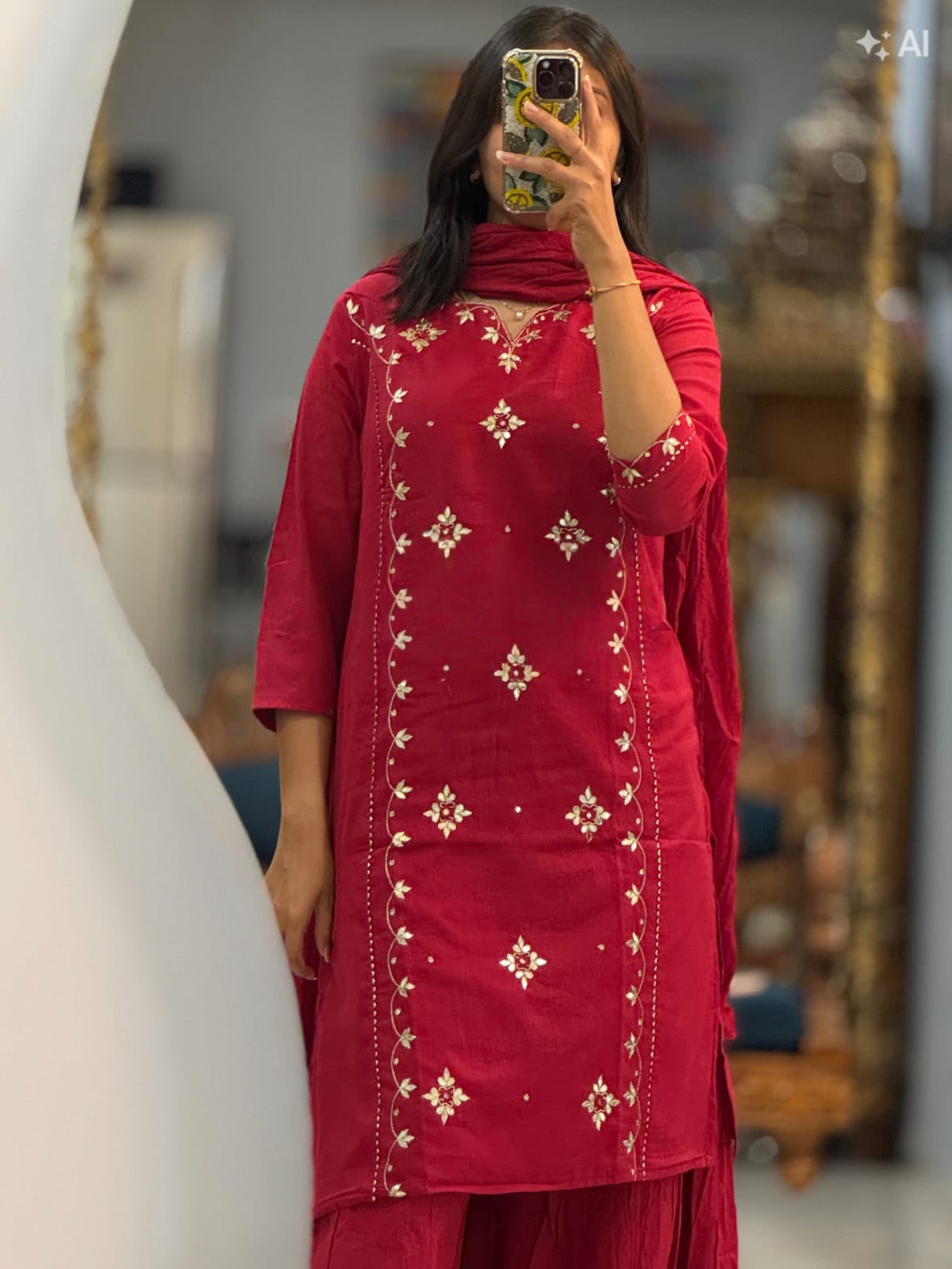 Red Embroidered Cotton Kurta Palazzo Set with Dupatta