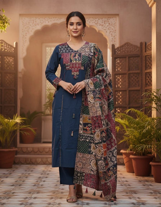 Navy Blue Pure Cotton Suit Set with Kalamkari Print Dupatta