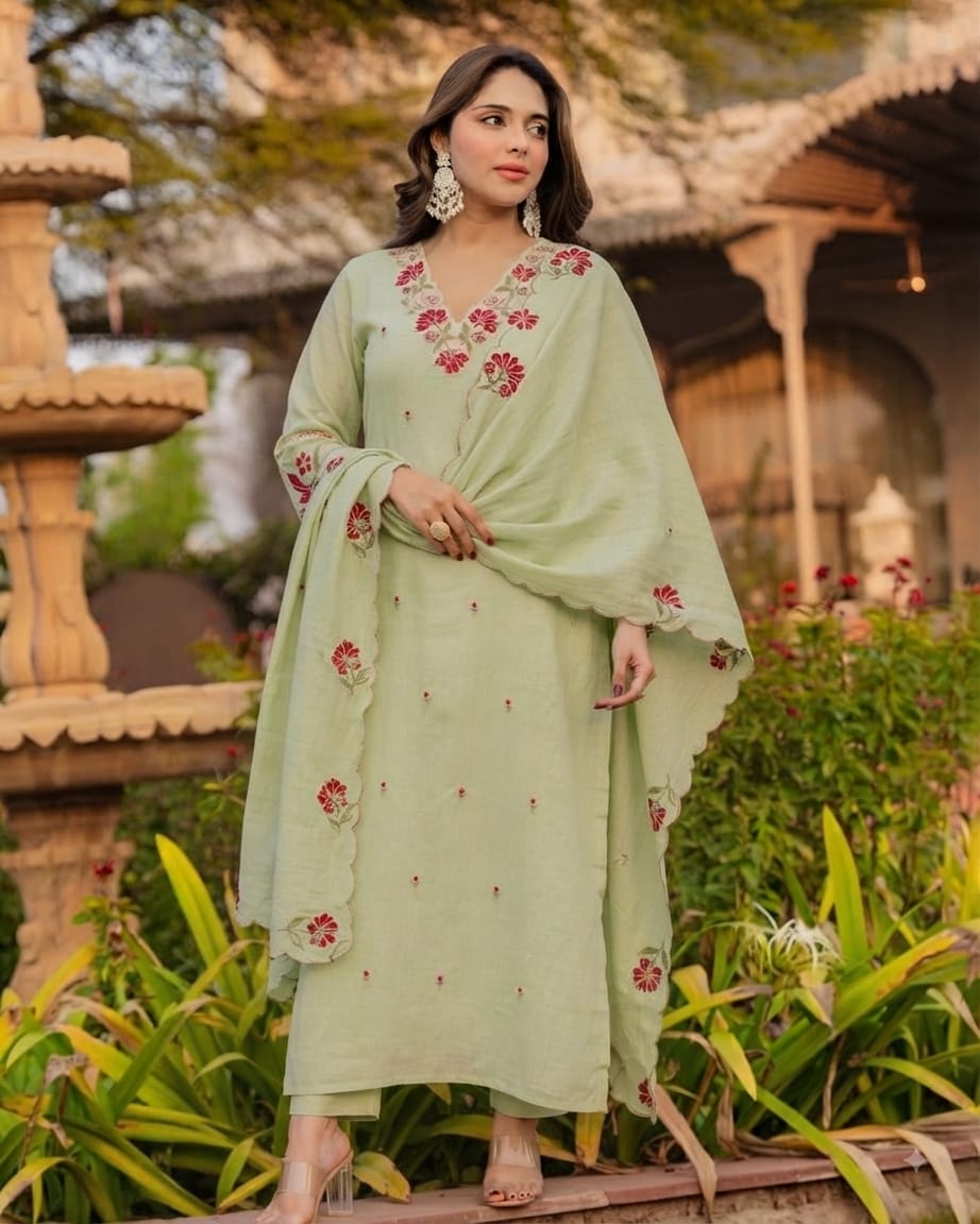 Sage Green Cotton Anarkali Kurta Pant with Embroidered Dupatta | Designer Suit Set