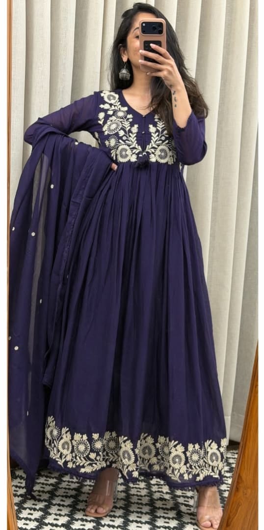 Purple Premium Cotton Anarkali Suit Set with Thread & Mirror Work Embroidery