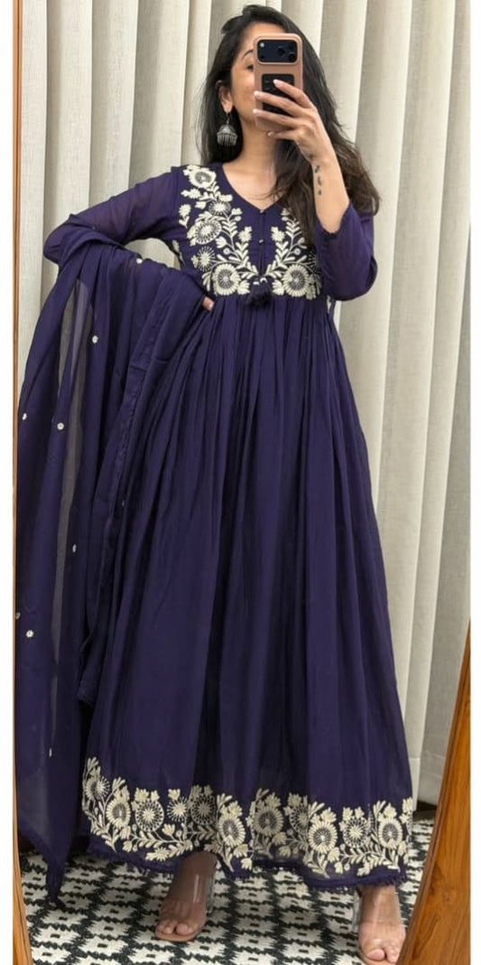 Purple Premium Cotton Anarkali Suit Set with Thread & Mirror Work Embroidery
