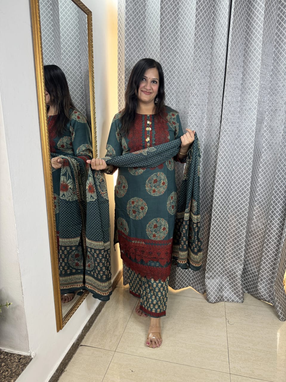 Teal Green Floral Digital Print Cotton Suit Set for Women