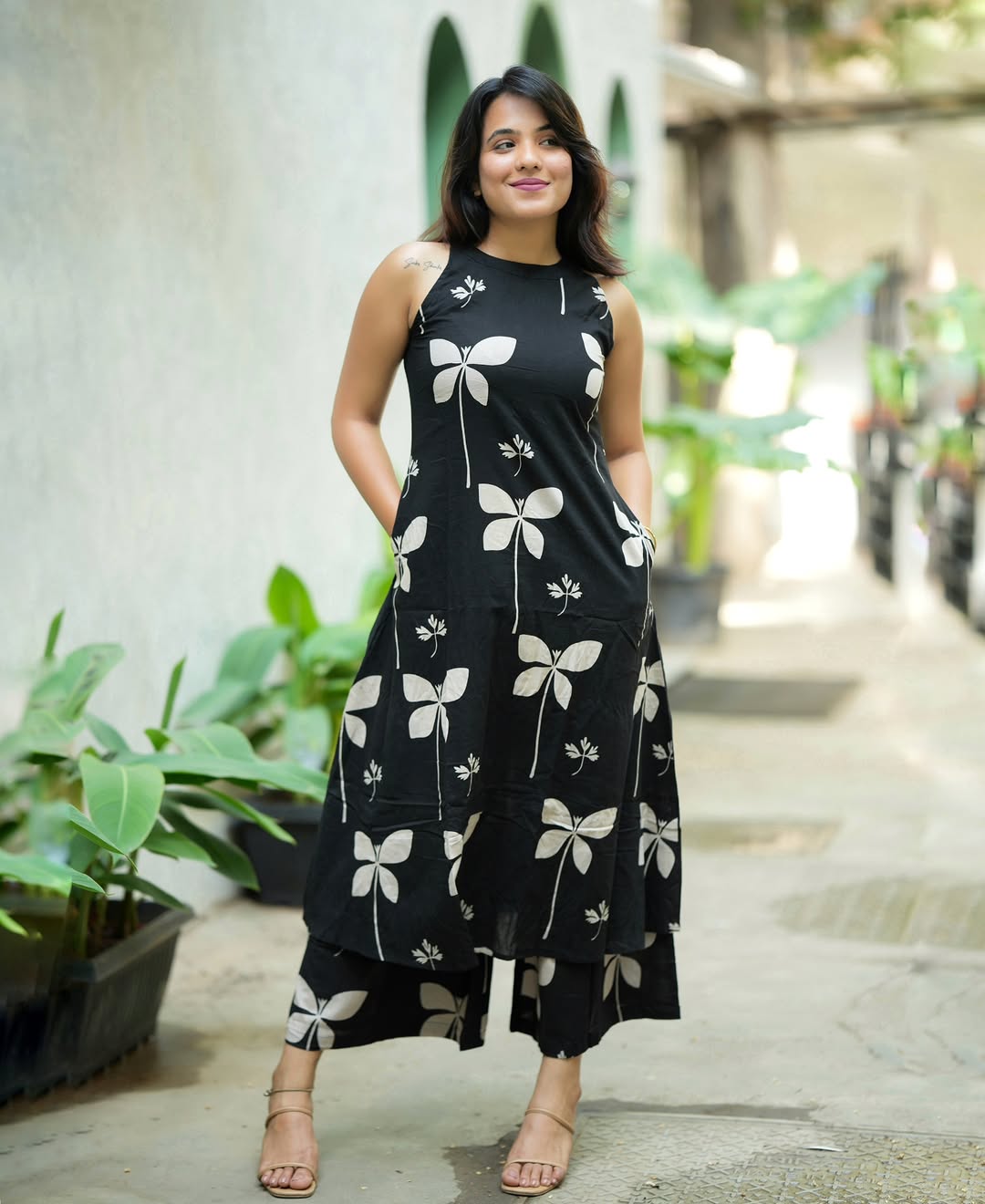 Black Floral Printed Cotton Kurta Palazzo Set | Stylish Sleeveless A-Line Kurti