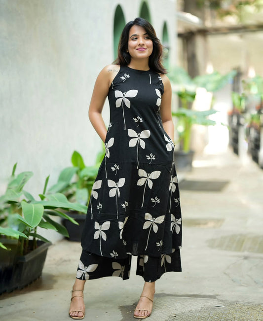 Black Floral Printed Cotton Kurta Palazzo Set | Stylish Sleeveless A-Line Kurti