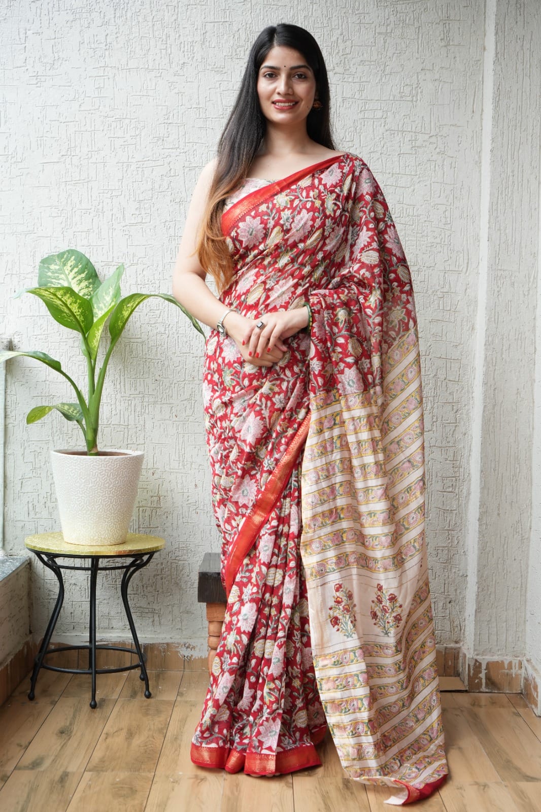 New Designer Hand Block Print Maheshwari Silk Saree (BFMSARE01)