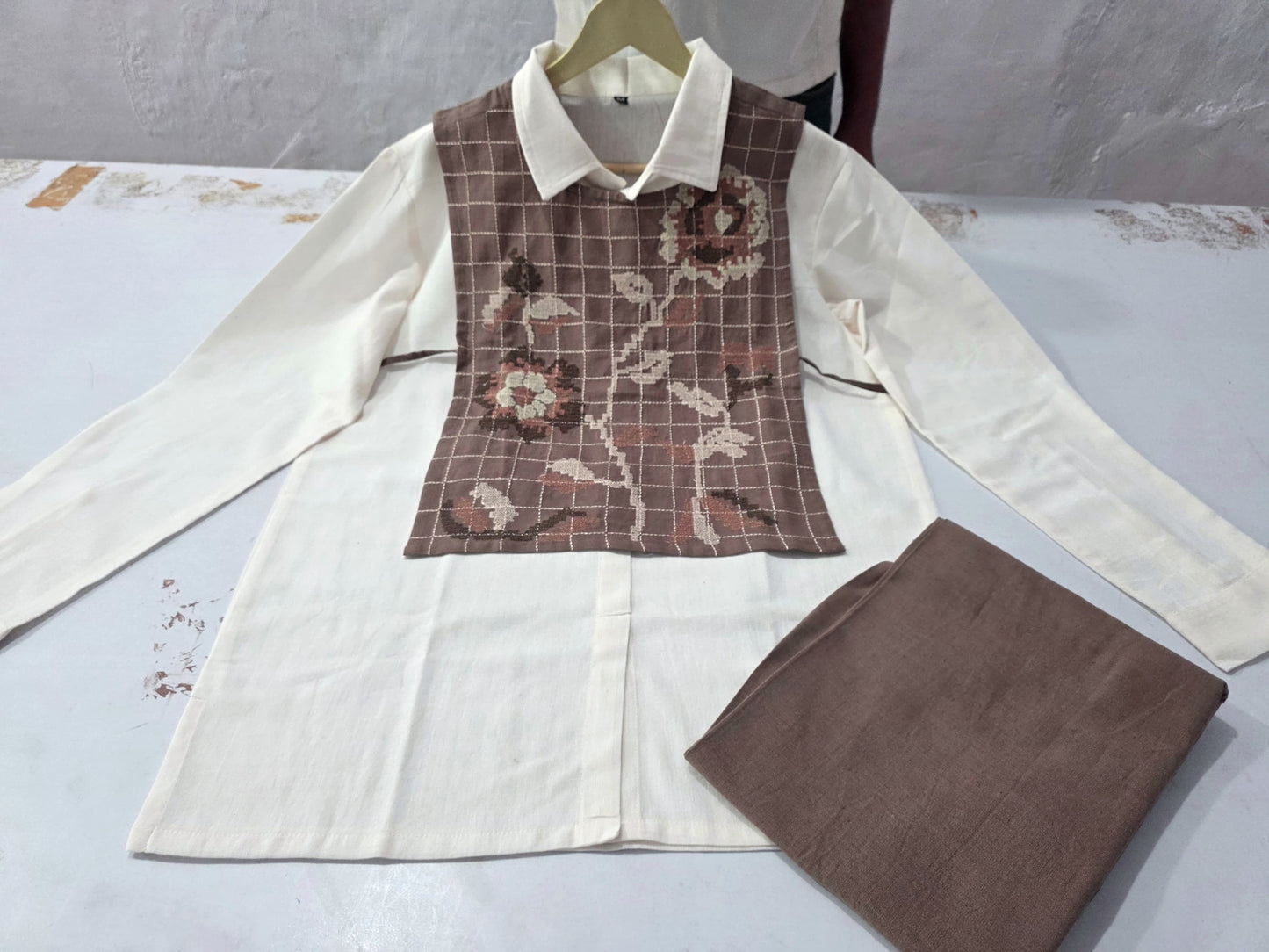 Beige Jute Embroidered Coord Set with Cotton Shirt