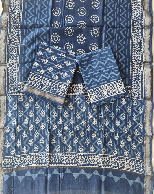 Premium Hand Block Printed Maheshwari Silk Suit(BFMAH67)