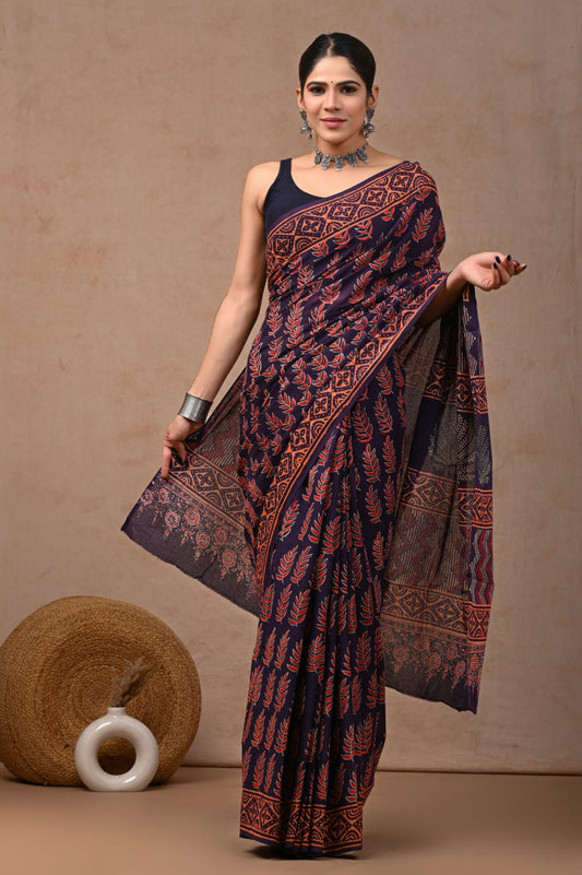 Navy Blue Batik Print Cotton Saree (BFCS01)