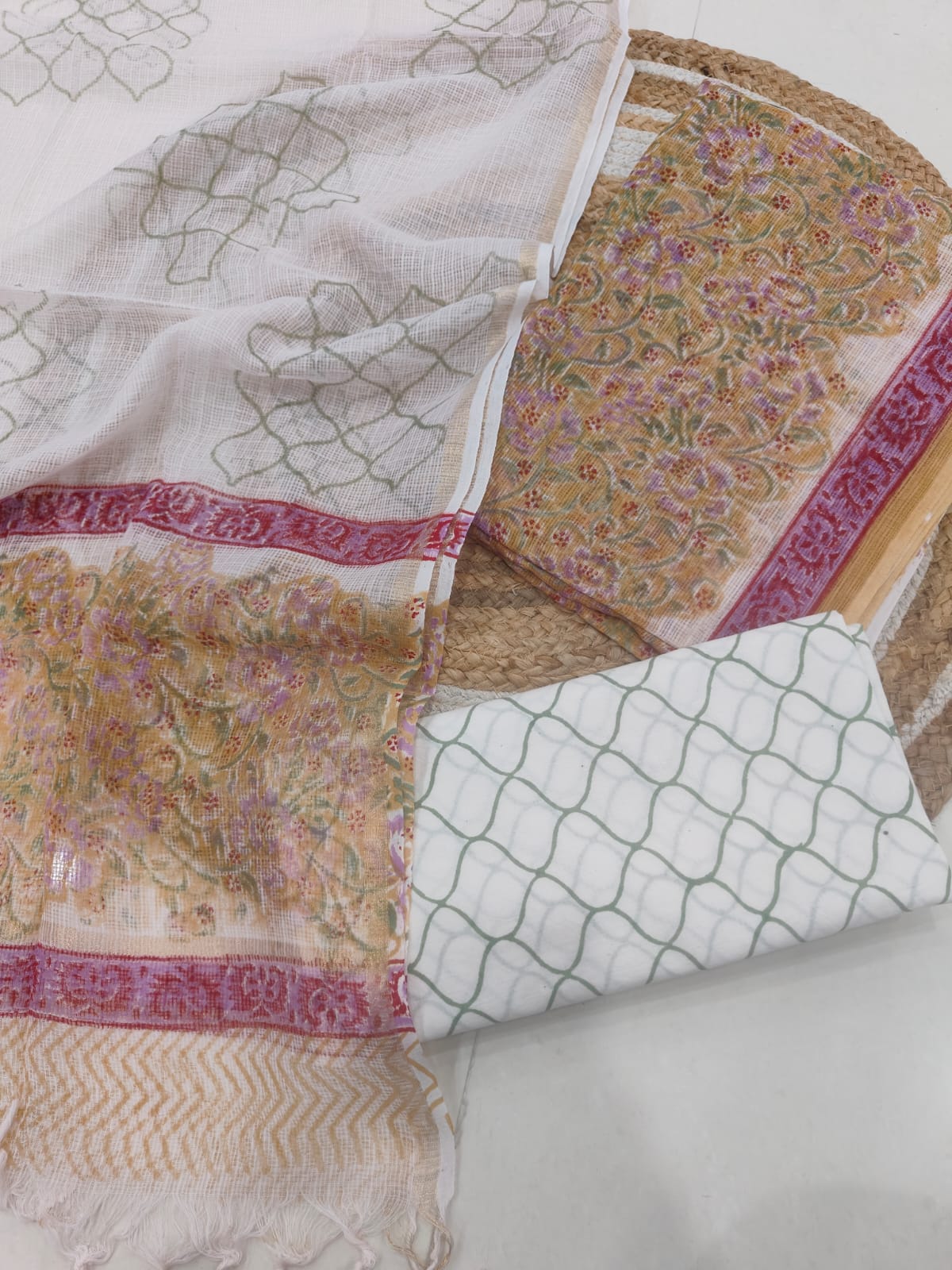 Cream & Mustard Printed kota doriya Suit Set (BFFKO9)