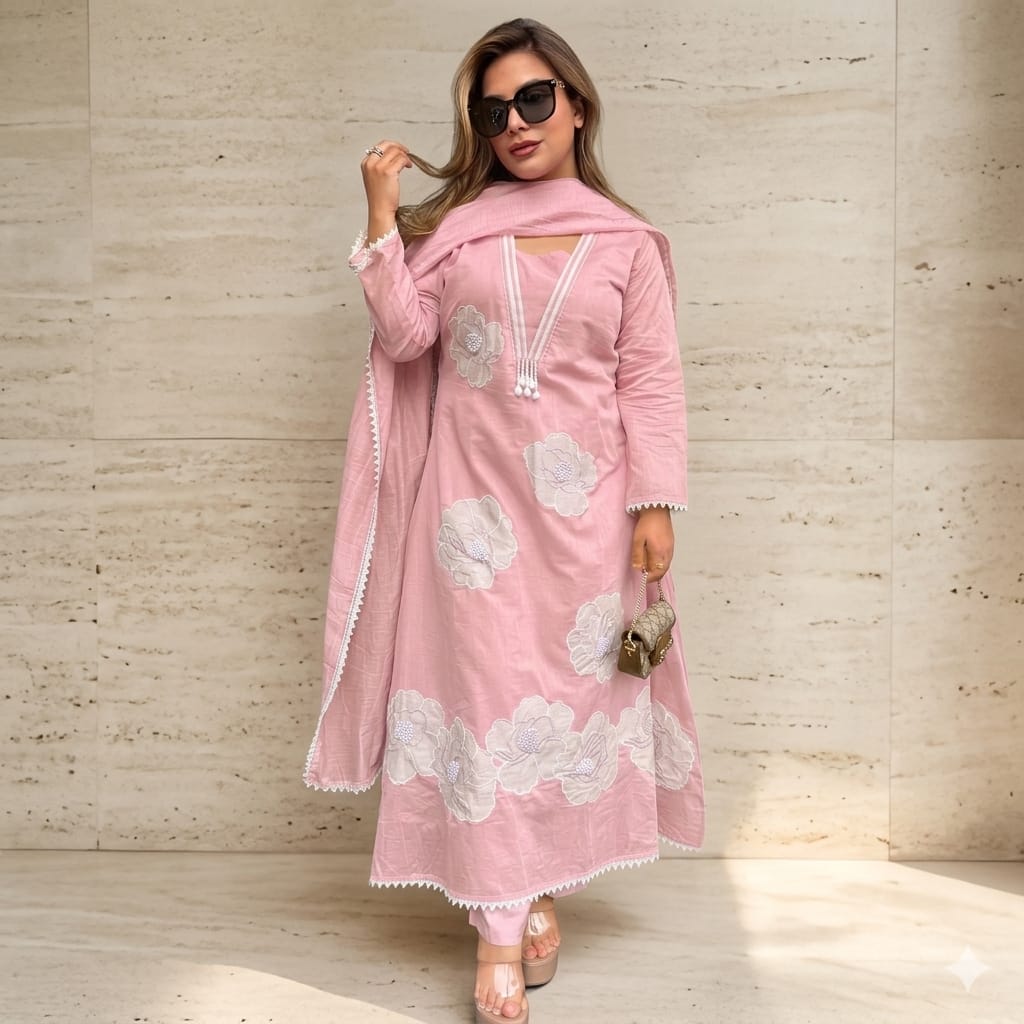 Baby Pink Anarkali Embroidery Patch Work Cotton Kurta Pant Set with Lace Dupatta