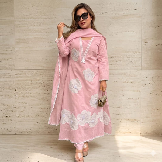 Baby Pink Anarkali Embroidery Patch Work Cotton Kurta Pant Set with Lace Dupatta