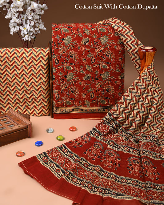 Exclusive Hand Block Cotton Suit With Cotton Dupatta(BFCOT117)