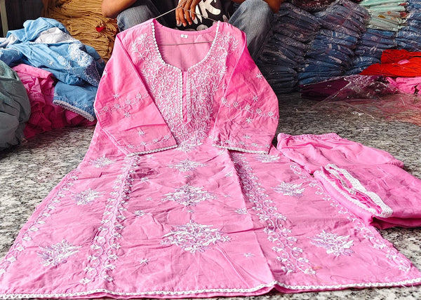 Baby Pink Chikankari Embroidered Cotton Suit Set for Women