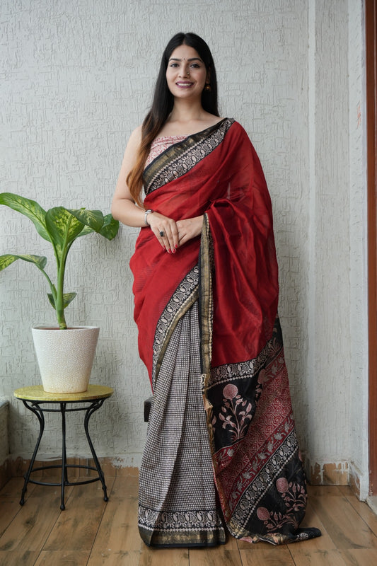 New Designer Hand Block Print Maheshwari Silk Saree (BFMSARE74)