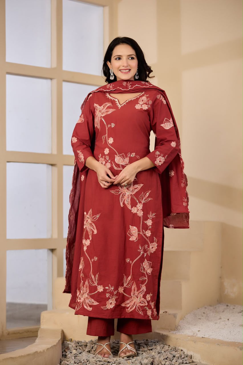 Maroon Embroidered Cotton Kurta Set with Keyhole Neck & Dupatta | Ethnic Wear