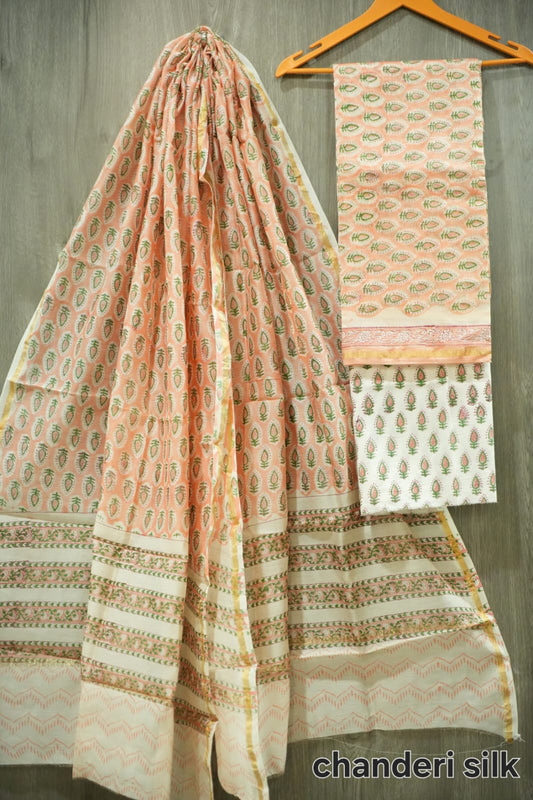 Peach & Green Mango Leaf Butti Hand Block Print Chanderi Silk Dress Material (BFCHS36)