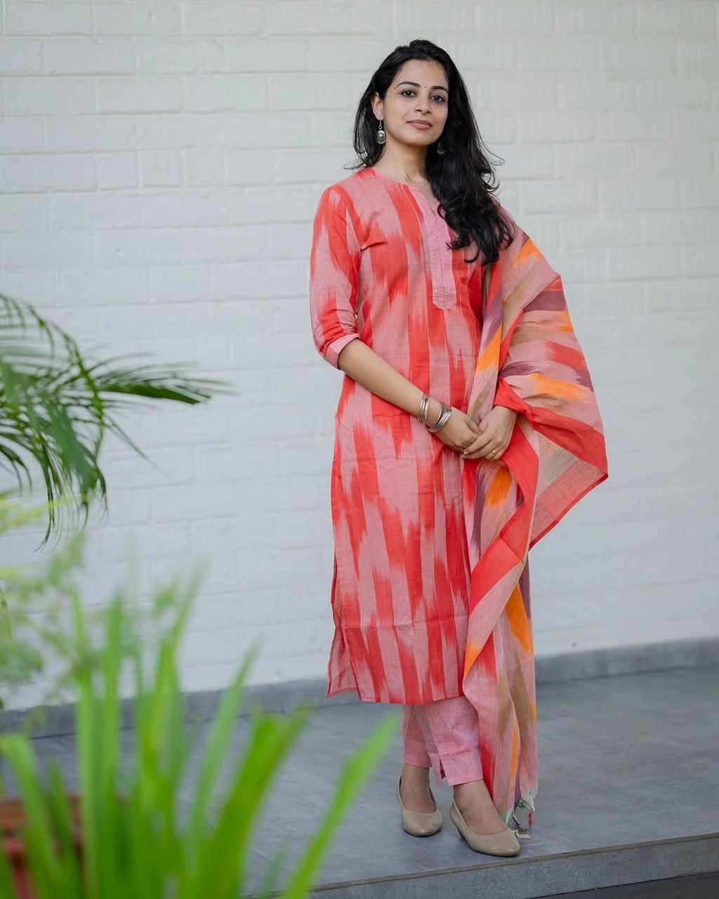 Coral Red Ikat Print Handloom Cotton Kurti Set
