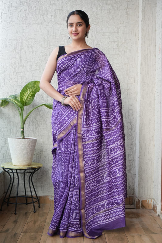 New Designer Hand Block Print Maheshwari Silk Saree (BFMSARE75)