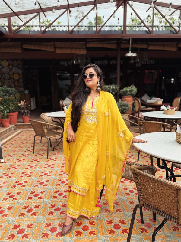 Yellow Chikankari Embroidered Sharara Suit for Women