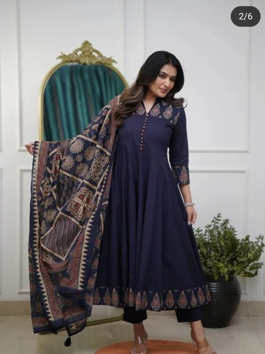 Navy Blue Cotton Anarkali Suit