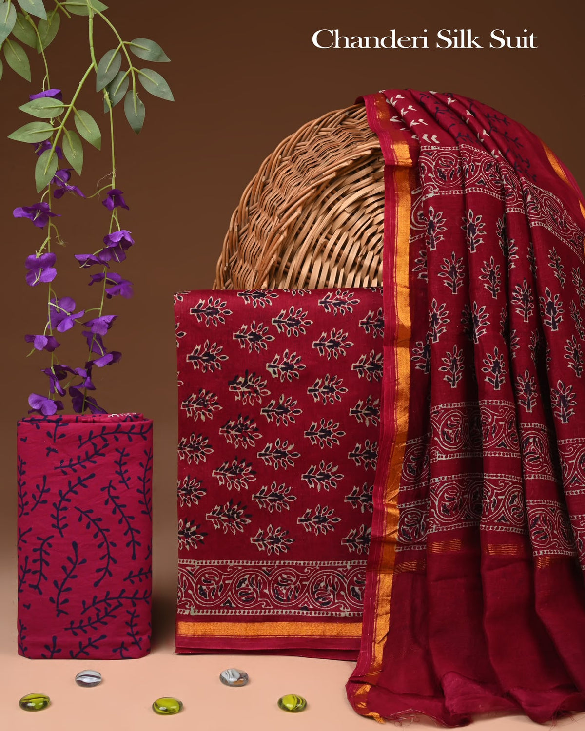 EXCLUSIVE HAND BLOCK CHANDERI SILK SUIT SET WITH CHANDERI DUPATTA
